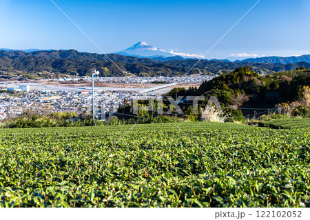 静岡県島田市から眺めるお茶畑と富士山 122102052