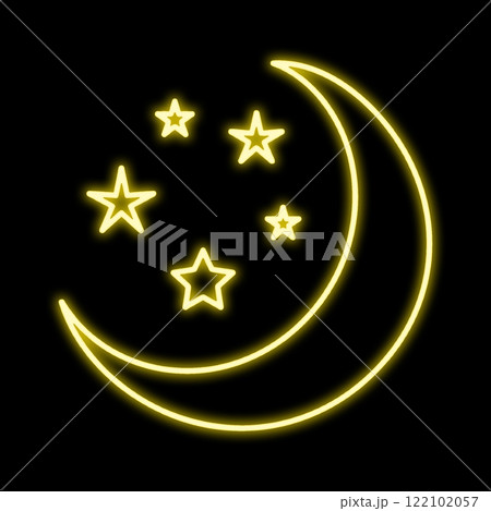光っている三日月と星のネオン風の線画イラスト 黒背景の切り抜き 光っている三日月と星のネオン風の線画イラスト 黒背景の切り抜き 122102057