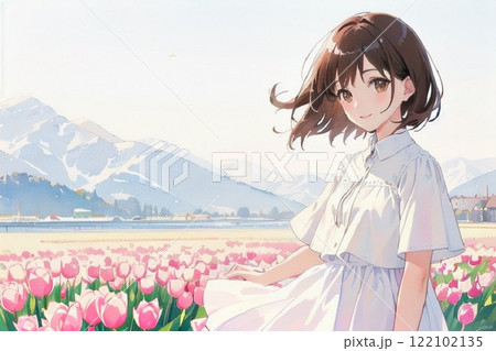 チューリップ畑と少女　水彩画風 122102135