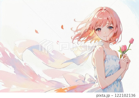 チューリップを持つ少女　水彩画風 122102136