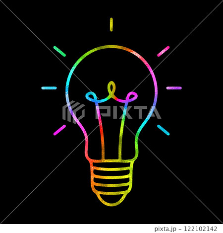 光っている豆電球の虹色グラデーションの線画イラスト　黒背景の切り抜き 122102142