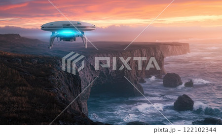 Advanced Research Drone Scanning Ocean at Sunset Over Dramatic Coastal Cliffs with Glowing Blue Beam 122102344