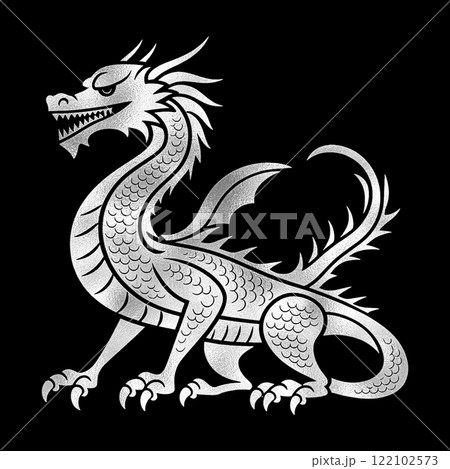 かっこいいドラゴンのシルバーのシルエットイラスト　黒背景の切り抜き 122102573