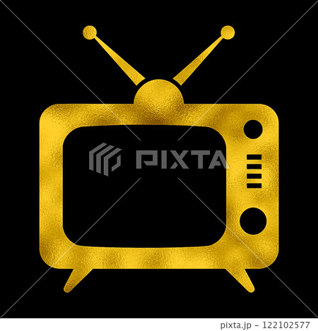 アンテナの付いたレトロなテレビのゴールドのシルエットイラスト 黒背景の切り抜き アンテナの付いたレトロなテレビのゴールドのシルエットイラスト 黒背景の切り抜き 122102577
