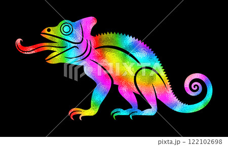 舌を伸ばしているカメレオンの虹色グラデーションのシルエットイラスト　黒背景の切り抜き 122102698