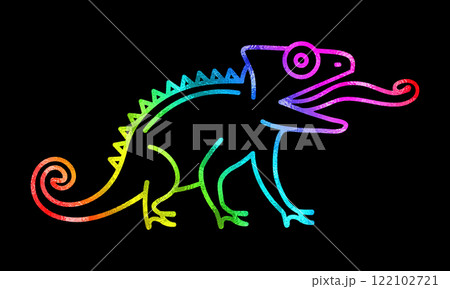 舌を伸ばしているカメレオンの虹色グラデーションの手描き線画イラスト　黒背景の切り抜き 122102721