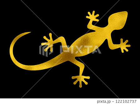 トカゲのゴールドのシルエットイラスト　黒背景の切り抜き 122102737