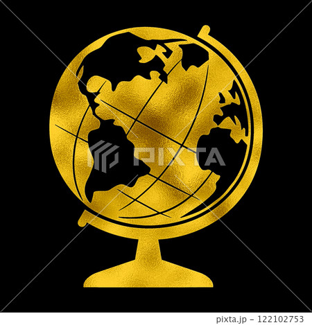 地球儀のゴールドのシルエットイラスト　黒背景の切り抜き 122102753