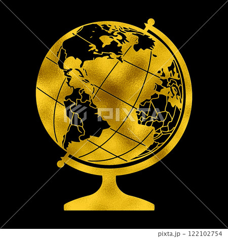 地球儀のゴールドのシルエットイラスト　黒背景の切り抜き 122102754