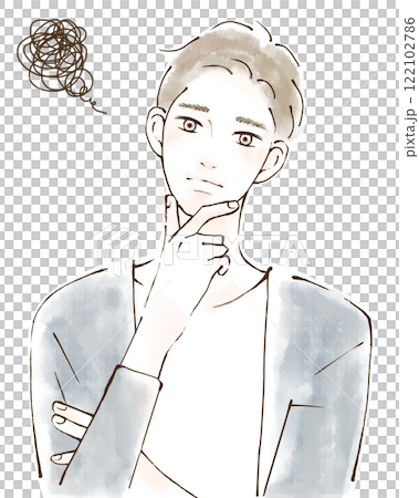 手を顎に当てて悩む男性のイラスト 手を顎に当てて悩む男性のイラスト 122102786
