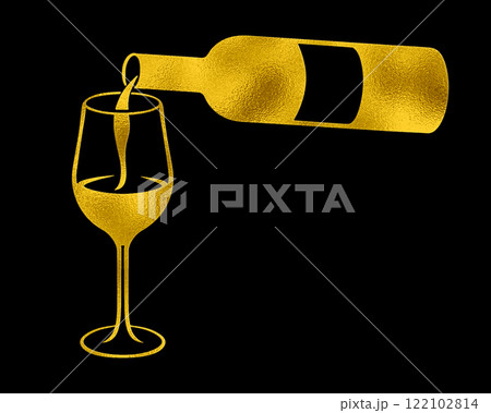 ワインボトルからグラスにワインを注ぐ瞬間のゴールドのシルエットイラスト　黒背景の切り抜き 122102814