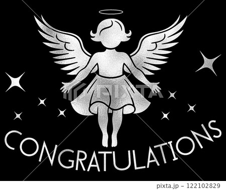天使の赤ちゃんのシルエットイラストとCongratulationsの祝福メッセージのシルバーのデザイ 122102829