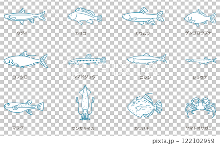 Spring fish icon set Line drawing Simple design Spring fish icon set Line drawing Simple design 122102959