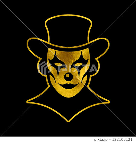 怖い顔の遊園地のピエロの仮面のゴールドのシルエットイラスト 黒背景の切り抜き 怖い顔の遊園地のピエロの仮面のゴールドのシルエットイラスト 黒背景の切り抜き 122103121