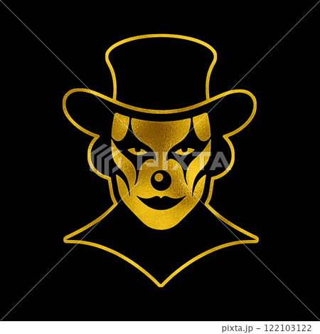 怖い顔の遊園地のピエロの仮面のゴールドのシルエットイラスト　黒背景の切り抜き 122103122