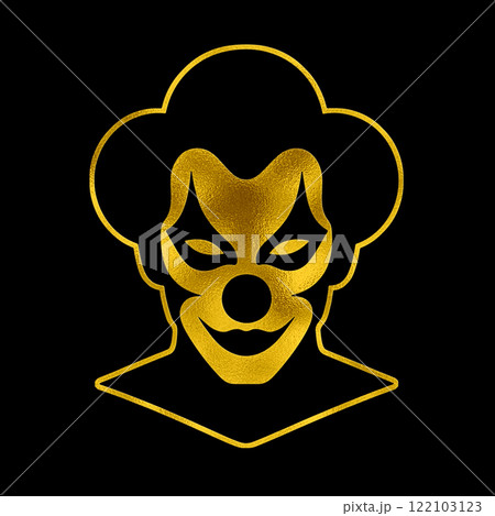 怖い顔の遊園地のピエロの仮面のゴールドのシルエットイラスト　黒背景の切り抜き 122103123