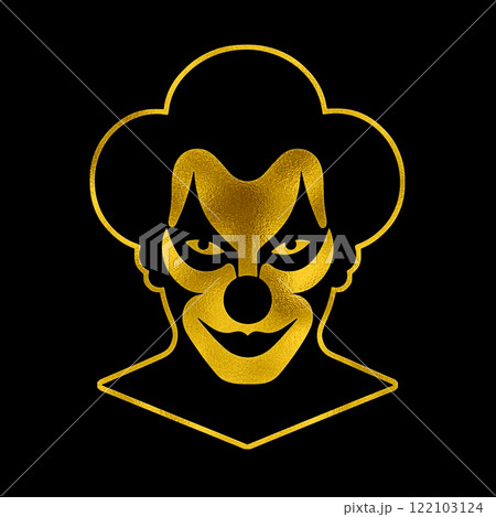 怖い顔の遊園地のピエロの仮面のゴールドのシルエットイラスト 黒背景の切り抜き 怖い顔の遊園地のピエロの仮面のゴールドのシルエットイラスト 黒背景の切り抜き 122103124