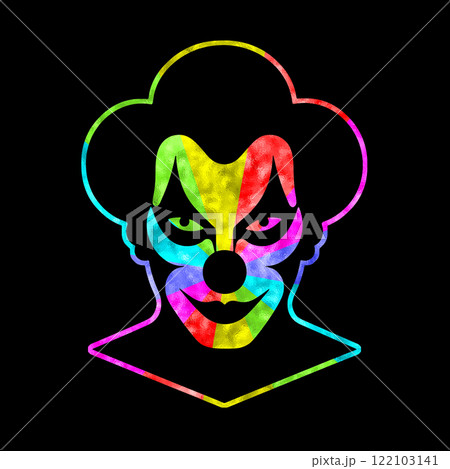 怖い顔の遊園地のピエロの仮面の虹色グラデーションのシルエットイラスト 黒背景の切り抜き 怖い顔の遊園地のピエロの仮面の虹色グラデーションのシルエットイラスト 黒背景の切り抜き 122103141