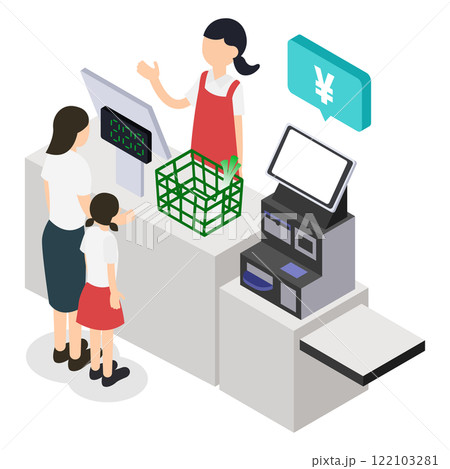 スーパーマーケットでの親子の買い物客と店員とセミセルフレジレジのアイソメトリックイラスト スーパーマーケットでの親子の買い物客と店員とセミセルフレジレジのアイソメトリックイラスト 122103281