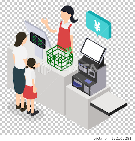 超市家長和兒童購物者、店員和半自助結帳登記冊的等距插圖 超市家長和兒童購物者、店員和半自助結帳登記冊的等距插圖 122103281