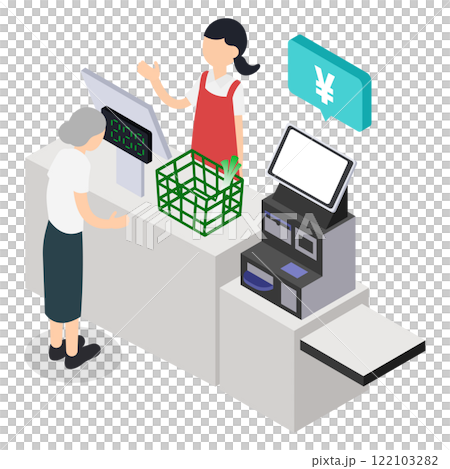 超市老年購物者和店員半自助結帳登記的等距圖 122103282