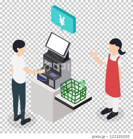 一名男子在超市使用自助結帳台和一名店員引導他的等距插圖 122103285