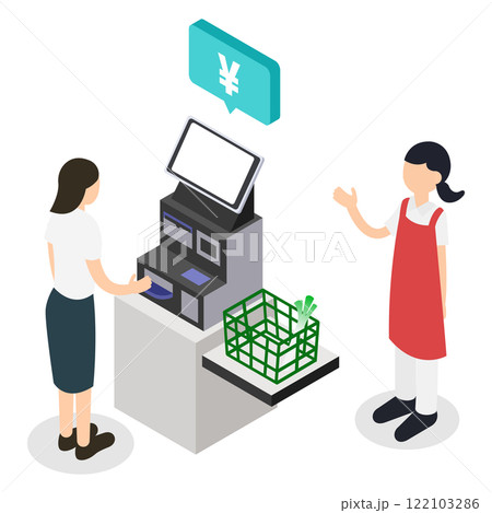 スーパーでセルフレジを使う女性と案内する店員のアイソメトリックイラスト 122103286