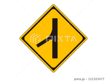 道路標識「合流交通あり」左側からの合流を示す警戒標識イラスト・ピクトグラム素材 122103477