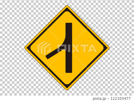 道路標識「合流交通あり」左側からの合流を示す警戒標識イラスト・ピクトグラム素材 122103477