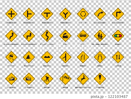 道路標識（警戒標識）一覧イラストセット・交通注意ピクトグラム素材 122103487