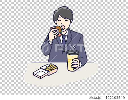 Illustration of a male student in uniform eating fast food Illustration of a male student in uniform eating fast food 122103549