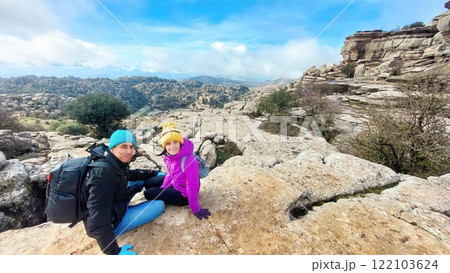 Smiling hikers in the Torcal de Antequera nature park 122103624