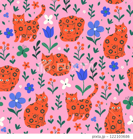 Seamless pattern with cute spotted cats and flowers. Vector graphics. Seamless pattern with cute spotted cats and flowers. Vector graphics. 122103686