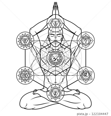 Man meditating in lotus position 122104447