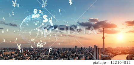 現代都市と金融テクノロジー　バナー・広告向け横長ビジュアル 122104815