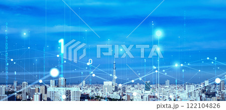 現代都市とデジタルネットワーク バナー・広告向け横長ビジュアル 現代都市とデジタルネットワーク バナー・広告向け横長ビジュアル 122104826
