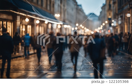 Blurred Crowd of People On Street, unrecognizable crowded population as blur urban background, rush hour. AI 122105366