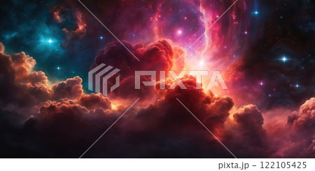 Colorful cosmic nebula veiled in space dust, a celestial spectacle. Fantastic space nebula with glowing cosmic clouds on black background. Universe, stars and galaxies clusters of fantastic worlds. AI 122105425