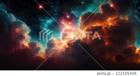 Colorful cosmic nebula veiled in space dust, a celestial spectacle. Fantastic space nebula with glowing cosmic clouds on black background. Universe, stars and galaxies clusters of fantastic worlds. AI 122105426