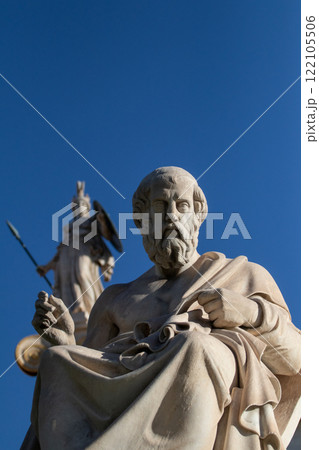 Marble statue of Greek philosopher Plato. Goddess Athena on background. Marble statue of Greek philosopher Plato. Goddess Athena on background. 122105506
