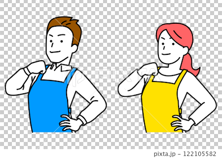 Set of men and women wearing aprons with their chests held high 122105582