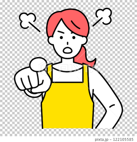 A woman in an apron pointing and getting angry A woman in an apron pointing and getting angry 122105585