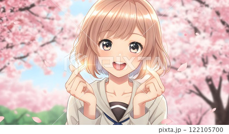 桜の下でハートを作る可愛いアニメ少女 桜の下でハートを作る可愛いアニメ少女 122105700