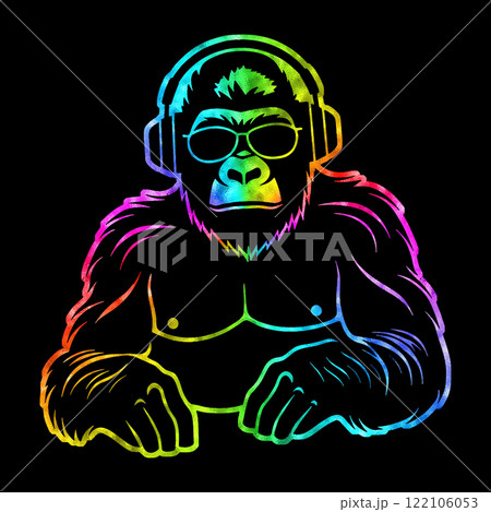 DJのヘッドホンとサングラスを身につけて音楽を聴いているゴリラの虹色グラデーションのイラスト 黒背景 DJのヘッドホンとサングラスを身につけて音楽を聴いているゴリラの虹色グラデーションのイラスト 黒背景 122106053