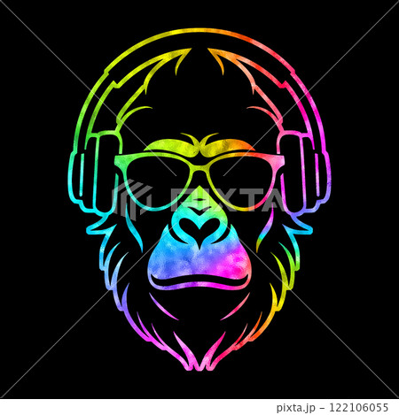 DJのヘッドホンとサングラスを身につけて音楽を聴いているゴリラの虹色グラデーションのイラスト　黒背景 122106055