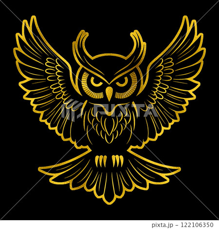 羽を広げて飛んでいるフクロウのゴールドのシルエットイラスト 黒背景の切り抜き 羽を広げて飛んでいるフクロウのゴールドのシルエットイラスト 黒背景の切り抜き 122106350