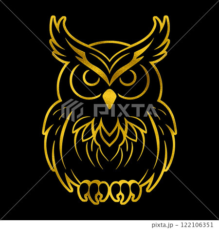 フクロウのゴールドのシルエットイラスト　黒背景の切り抜き 122106351