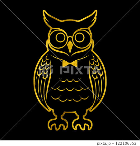 丸メガネと蝶ネクタイを身に着けている知的なフクロウのゴールドのイラスト 黒背景の切り抜き 丸メガネと蝶ネクタイを身に着けている知的なフクロウのゴールドのイラスト 黒背景の切り抜き 122106352