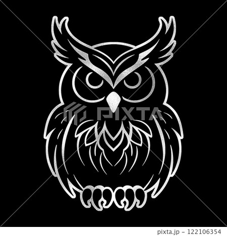 フクロウのシルバーのシルエットイラスト 黒背景の切り抜き フクロウのシルバーのシルエットイラスト 黒背景の切り抜き 122106354