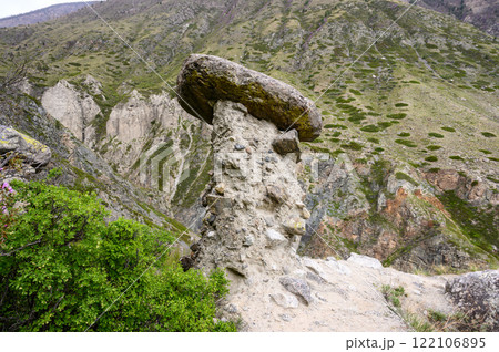 Stone mushrooms. Stone formations on the slope of a high mountain. Altai. 122106895